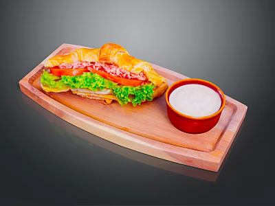 Delicious Croissant Sandwich with Fresh Lettuce Tomato on Wooden Serving Tray and Creamy Dip 3d model