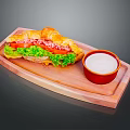 Delicious Croissant Sandwich with Fresh Lettuce Tomato on Wooden Serving Tray and Creamy Dip