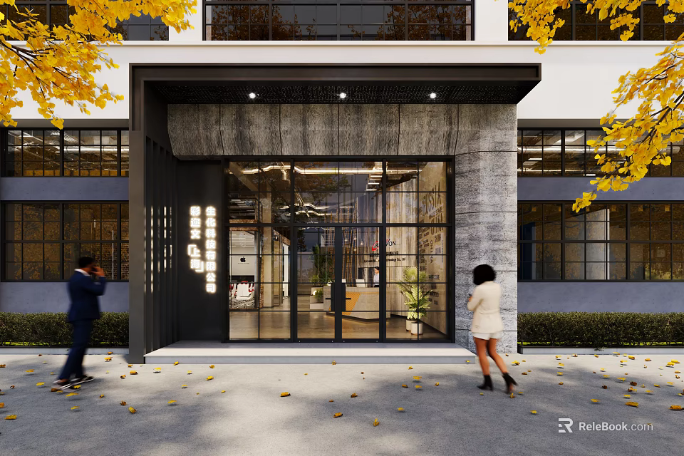 Modern Storefront With Glass Door White Gray Exterior Yellow Leaves Fallen Leaves Pedestrians 3d model 