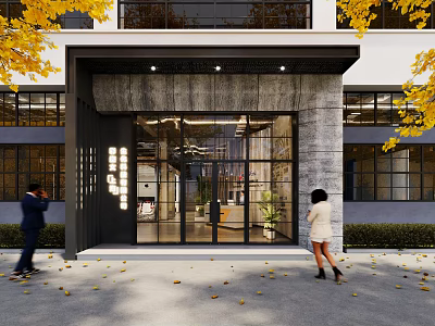 Modern Storefront With Glass Door White Gray Exterior Yellow Leaves Fallen Leaves Pedestrians 3d model