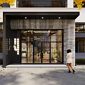 Modern Storefront With Glass Door White Gray Exterior Yellow Leaves Fallen Leaves Pedestrians