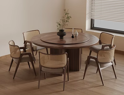 Round Wooden Dining Table With Wicker Chairs And Vase In Modern Room With Blinds 3d model