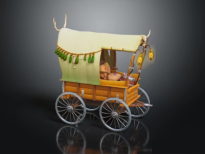 Wooden Carriage Featuring Light Yellow Canopy Antlers And Green Tassels Design 3d model