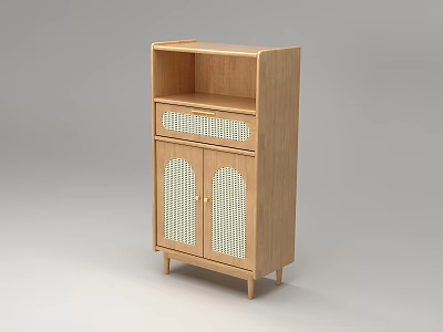 Wooden Bookcase With Double Rattan Doors And Open Top Shelf Design 3d model