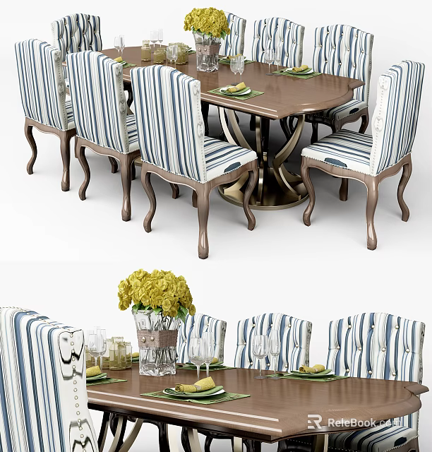 Elegant Dining Table Set With Striped Chairs Wooden Top And Yellow Flower Vase 3d model 