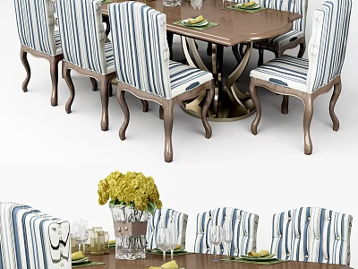 Elegant Dining Table Set With Striped Chairs Wooden Top And Yellow Flower Vase 3d model