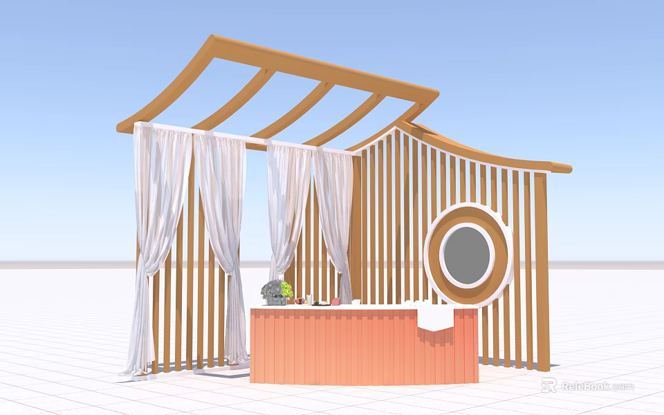 Cozy Tea Break Area with Curved Wooden Frame Hanging White Curtains and Orange Counter 3d model 