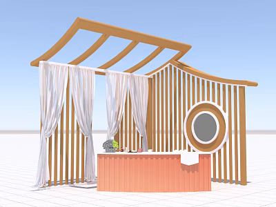 Cozy Tea Break Area with Curved Wooden Frame Hanging White Curtains and Orange Counter 3d model
