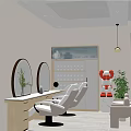 Modern Beauty Hair Salon Interior With Curved Mirrors Comfortable Gray Chairs Wooden Vanities And Plants