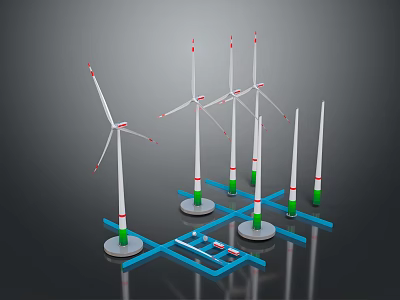 Wind Turbines With White Bodies Red Green Markings And Blue Support Frames 3d model