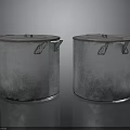 Silver Metal Cylindrical Containers With Lid And Side Hooks On Reflective Surface