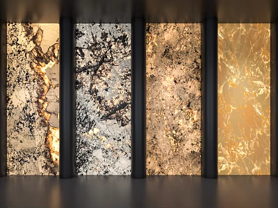 Modern Textured Wall Design Featuring Four Panels With Golden Black Beige Patterns And Black Pillars 3d model