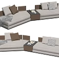Beige and Brown Sectional Sofa with Plaid Cushions Throw Blanket and Side Table 3d model