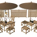 Bamboo Outdoor Table and Chair Set with Large Umbrellas Fence Tea Set and Flowers