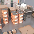 Industrial Equipment Setup With Crane Cardboard Boxes Parts And Components