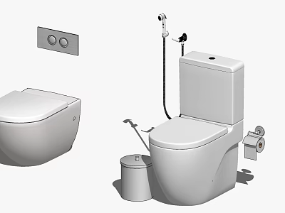 Modern Toilet Design With Different Styles Flush Button Handheld Shower And Trash Bin 3d model