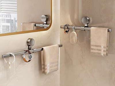 Bathroom Towel Hooks With Hanging Towels And Accessories On Beige Wall Near Mirror 3d model
