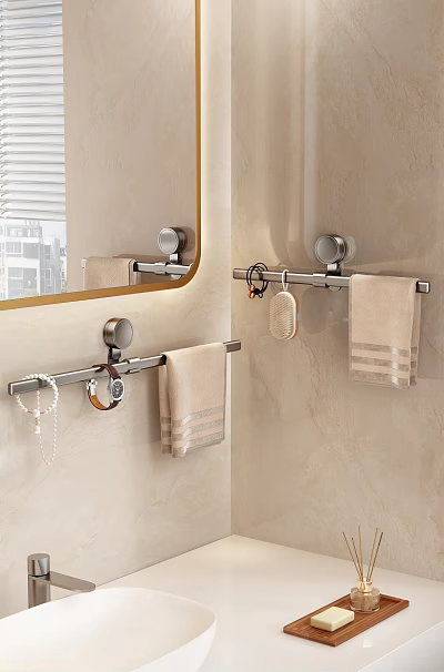 Bathroom Towel Hooks With Hanging Towels And Accessories On Beige Wall Near Mirror 3d model