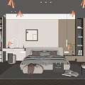 Modern Bedroom Interior Design With Bed Pillows Herringbone Rug Dressing Table And Built In Wardrobe