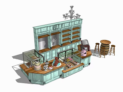 Elegant Display Shelves Featuring Glass Doors And Dessert Counter With Stools 3d model