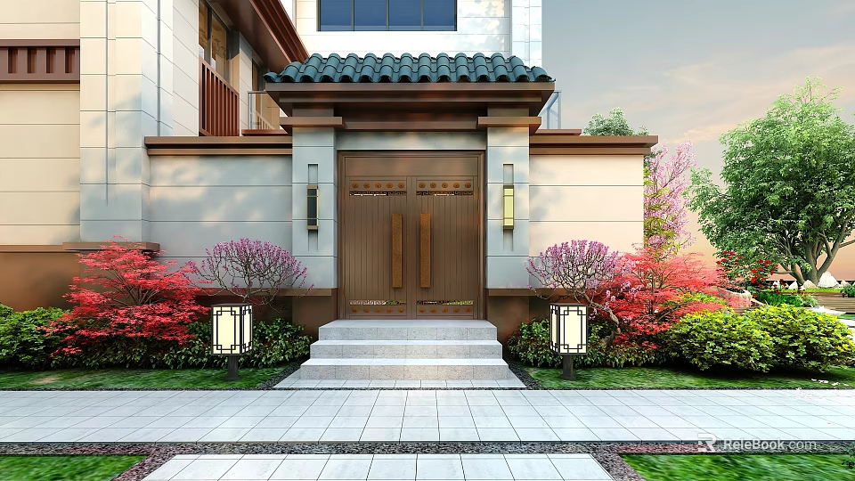 Traditional Chinese Style Detached Villa With Green Tiled Roof Brown Door And Colorful Shrubs 3d model 