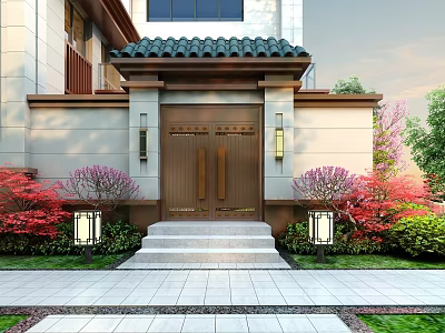 Traditional Chinese Style Detached Villa With Green Tiled Roof Brown Door And Colorful Shrubs 3d model