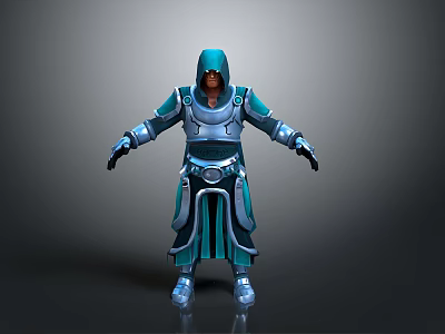 Fantasy 3D Character Hooded Robe And Silver Blue Armor With Belt And Boots Design 3d model