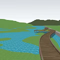 Waterside Landscape Design With Blue Water Green Patches Walking Path And Distant Mountains