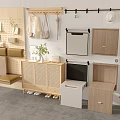 Modern Home Decor Setting With Wooden Stool Storage Cabinets And Hanging Racks