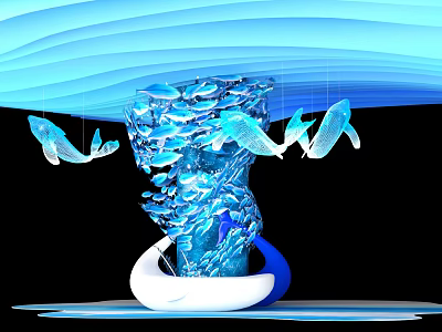 Artistic Blue Whirlpool Structure With Small Fish Hanging Dolphins And Wave Background White Base 3d model