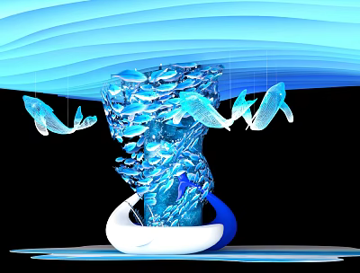 Artistic Blue Whirlpool Structure With Small Fish Hanging Dolphins And Wave Background White Base 3d model