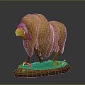 3D Musk Ox Character Model With Thick Brown Fur White Forehead Standing On Green Base