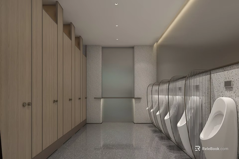 Modern Public Restroom Interior With Wooden Stalls Urinals And Gray Floor 3d model 