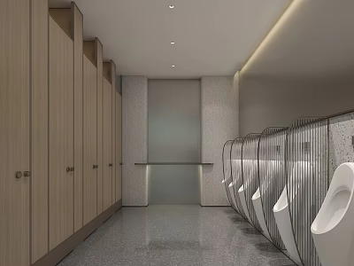 Modern Public Restroom Interior With Wooden Stalls Urinals And Gray Floor 3d model