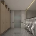 Modern Public Restroom Interior With Wooden Stalls Urinals And Gray Floor