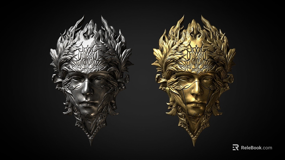 Two Metal Silver And Gold Hats With Feather Leaf Decorations Intricate Carved Patterns 3d model 