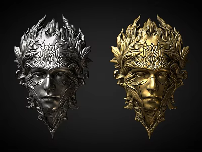Two Metal Silver And Gold Hats With Feather Leaf Decorations Intricate Carved Patterns 3d model