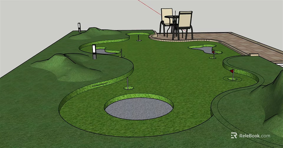 Golf Course Fitness Activity With Green Turf Bunkers Holes And Seating Area 3d model 