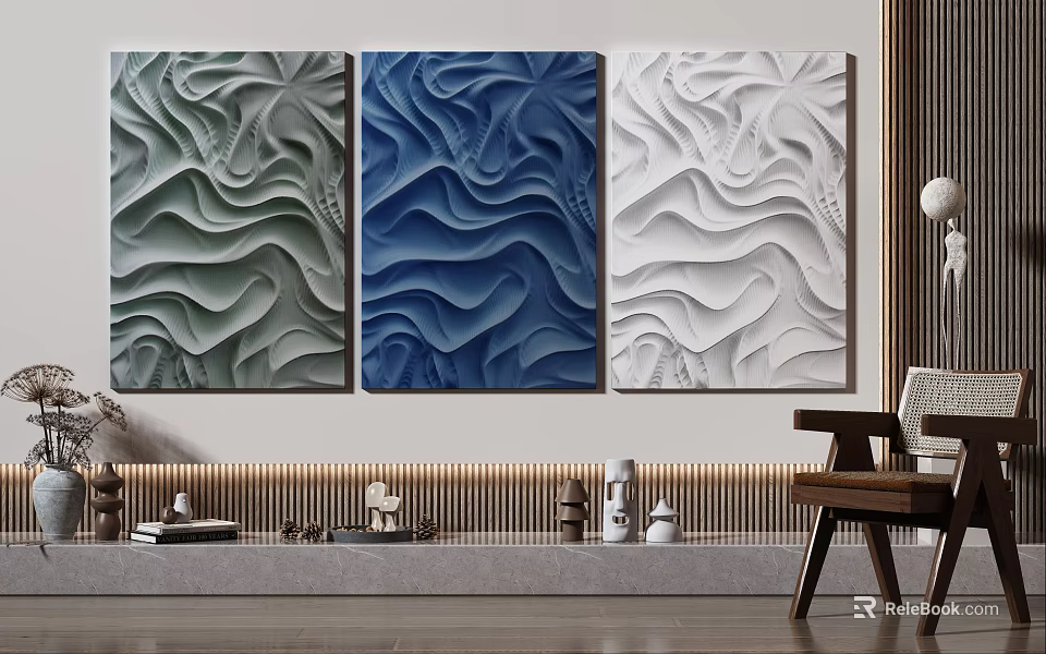 Three Panel Abstract Painting With Green Blue White Wavy Textures For Home Interior Decor 3d model