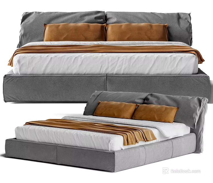 Modern Double Bed With Gray Frame White Sheets Brown Pillows And Brown Bed Runner 3d model