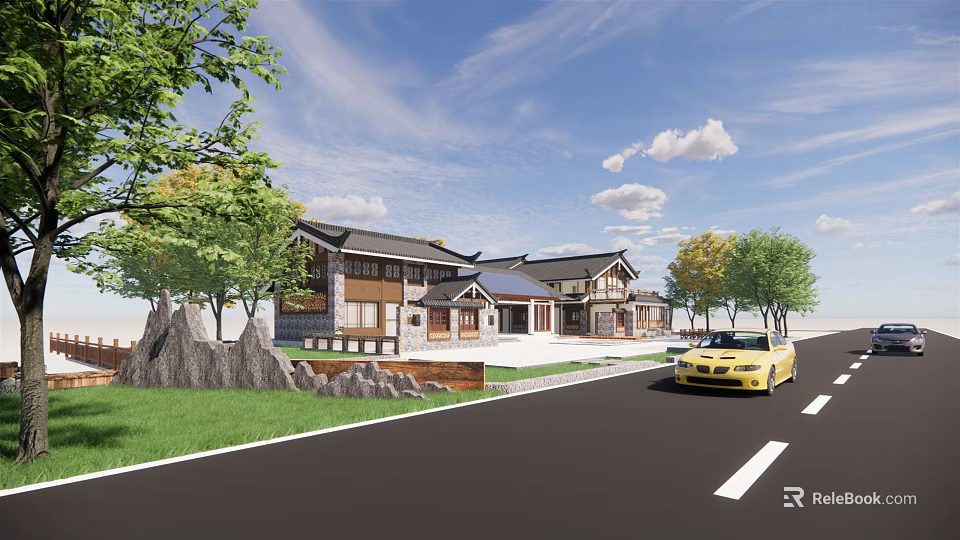 Traditional Post Station Building With Green Trees Lawn Yellow Car On Road Under Blue Sky 3d model 