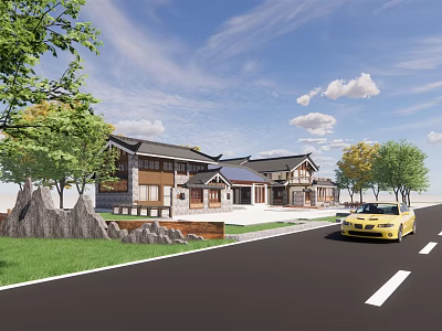 Traditional Post Station Building With Green Trees Lawn Yellow Car On Road Under Blue Sky 3d model