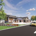 Traditional Post Station Building With Green Trees Lawn Yellow Car On Road Under Blue Sky