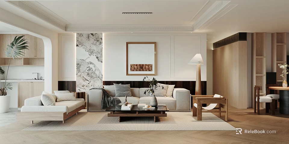 Modern Living Dining Room Interior With Sofa Coffee Table Decorative Painting And Floor Lamp 3d model 