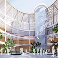 Cultural Center Interior With Atrium Greenery Columns Multiple Floors Balconies And Natural Light