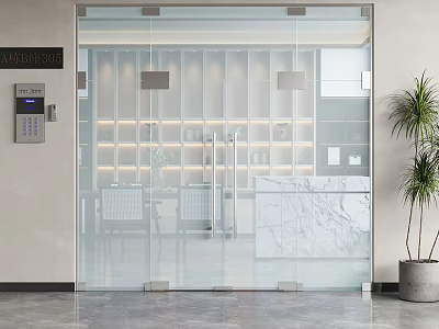 Modern Reception Area Interior With Glass Doors Marble Counter And Potted Plant 3d model