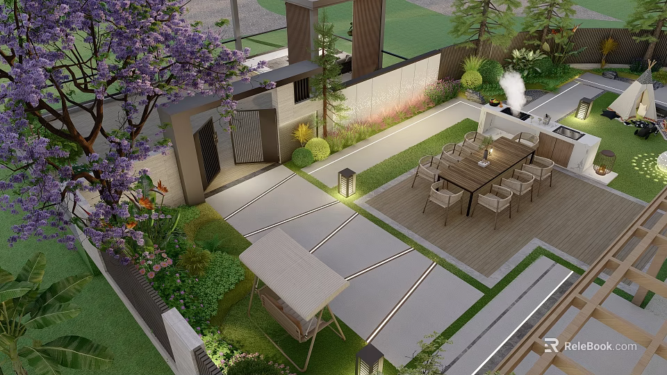 Modern Garden Wall Design In Outdoor Dining Area With Greenery And Purple Trees 3d model 