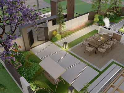 Modern Garden Wall Design In Outdoor Dining Area With Greenery And Purple Trees 3d model