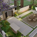 Modern Garden Wall Design In Outdoor Dining Area With Greenery And Purple Trees