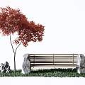 Natural Landscape Bench With Red Tree Grass And Stone Elements 3d model
